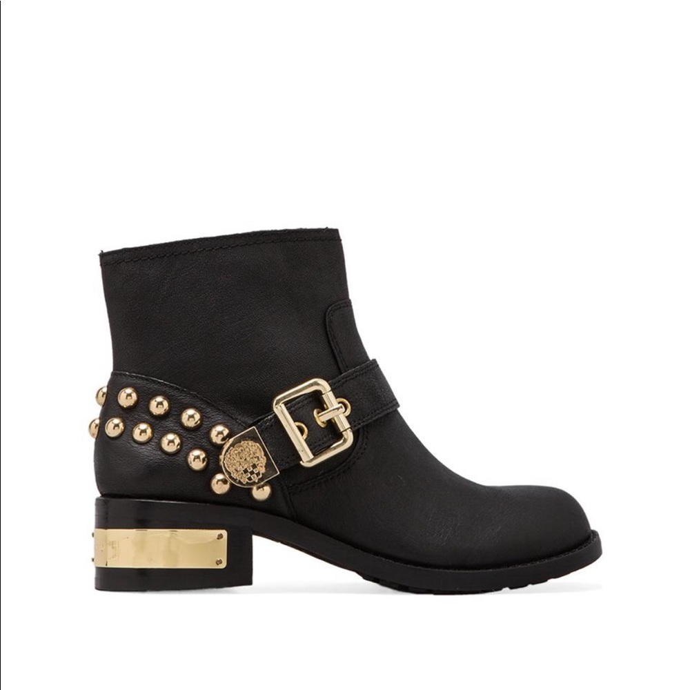Leather Boots Black Gold Vince Camuto VC Windetta Combat Embellished 7.5